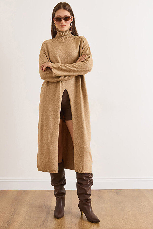 Women's Camel Turtleneck Slit Maxi Cap Tunic Tnk-19000105