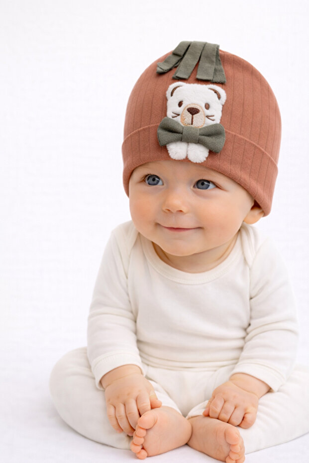 0-12 Months Baby Beanie Hat with Teddy Bear Bow Detail, Soft 100% Cotton Unisex, Flexible and Comfortable