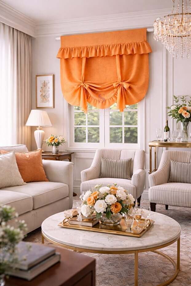 Orange Buldan Linen Retro Background Curtain with Binding Details (100% Cotton Buldan Fabric)