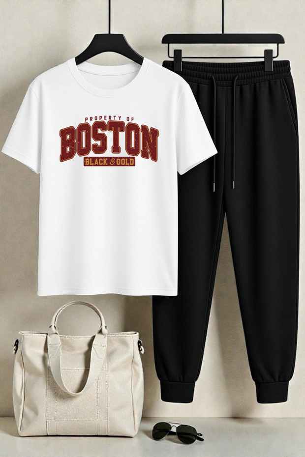 Unisex Boston Design Printed T-Shirt - 2-Piece Tracksuit Set