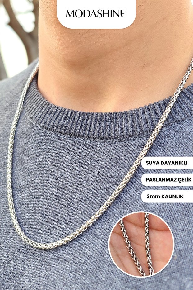 Spiga Model Stainless Steel Chain Necklace Unisex Silver Color
