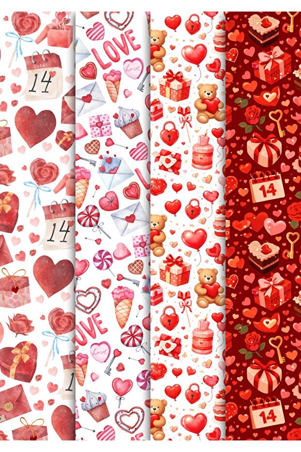 Miona Sevgililer Gününe Özel Hediye Paketleme Ambalaj Kağıdı 35x50 cm 4' lü Paket (4 Adet)