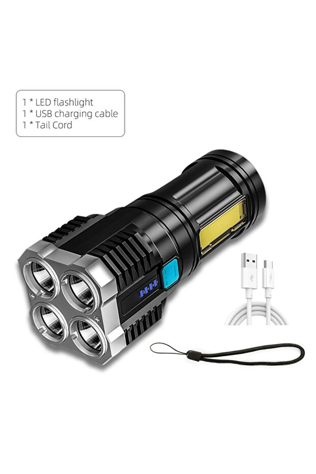 مصباح يدوي LED عالي الطاقة قابل للشحن عبر منفذ USB أزرق، مناسب للتخييم، مزود بأربع مصابيح LED وإضاءة جانبية COB.