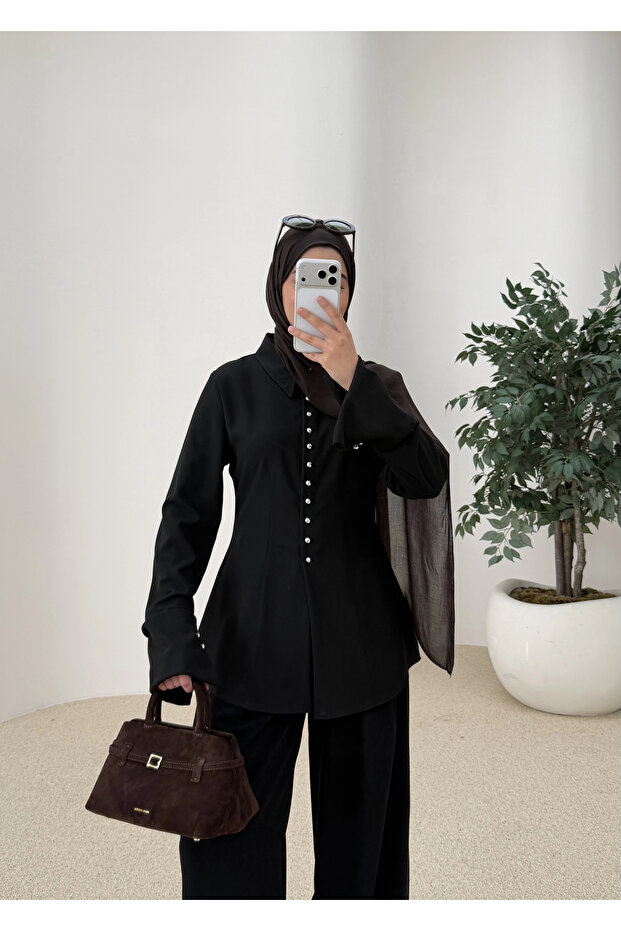 قميص بأزرار صغيرة أسود - 1