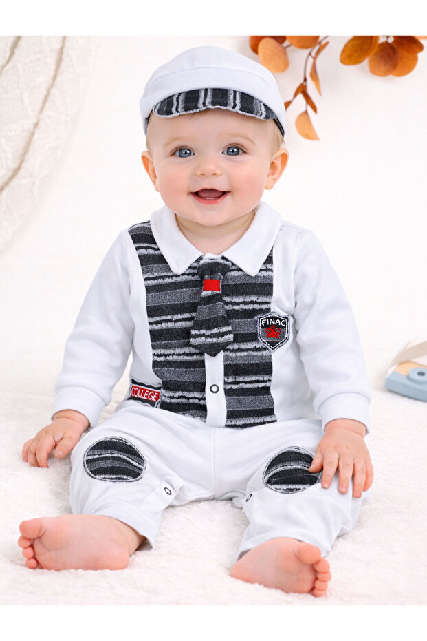 Baby Boy Hat, Romper, Vest Look, Tie Detail, Cotton Comfortable Baby Romper Model