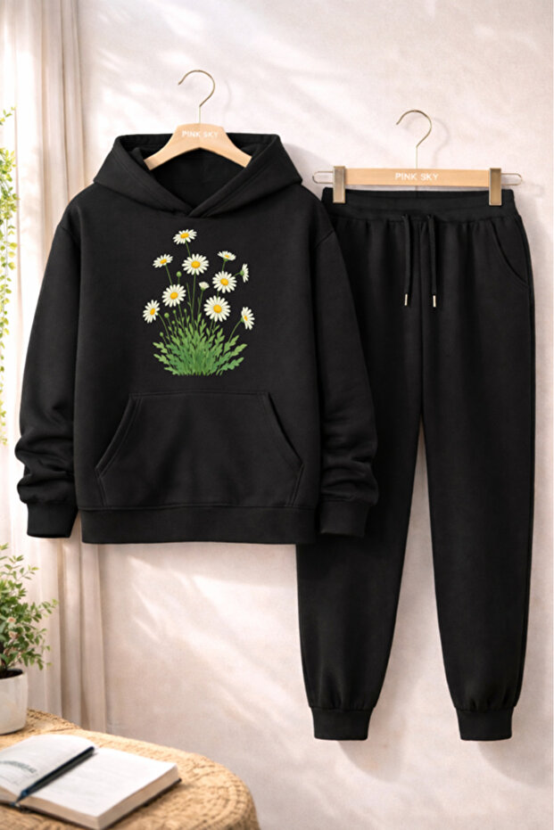 Unisex Papatya Printed Hooded Sweatshirt & Jogger Tracksuit Set