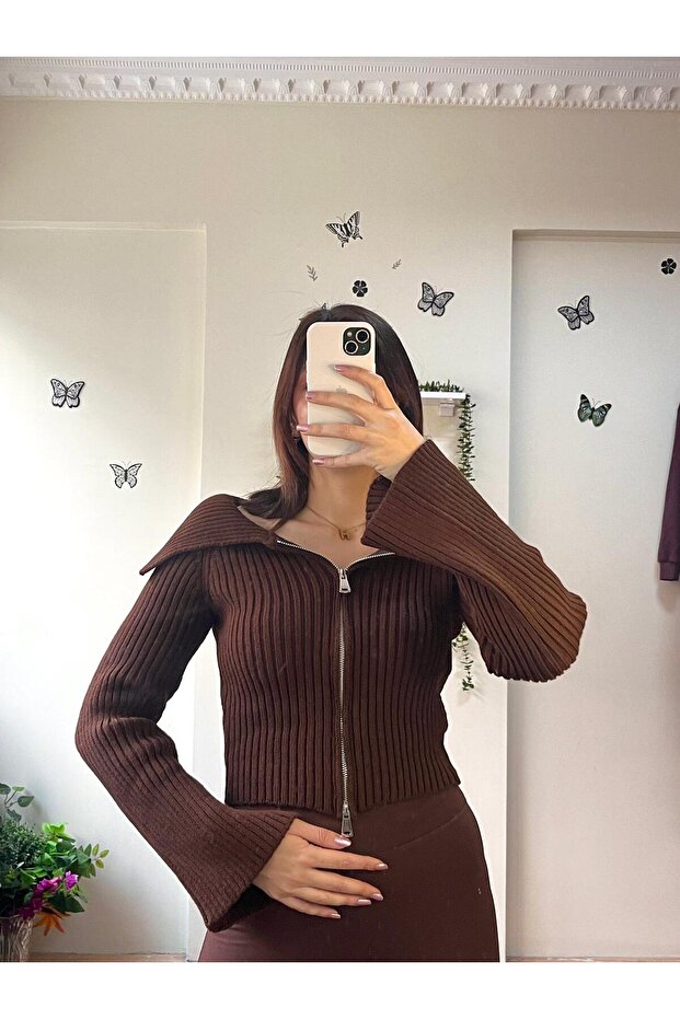 Fermuar Fitilli Triko Hırka - 1