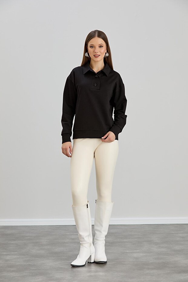 Two-Thread Black Sweatshirt with Wide Placket - 5