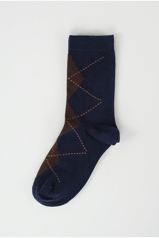 Baklava Pattern Socks Navy Blue-Angle Brown - 2