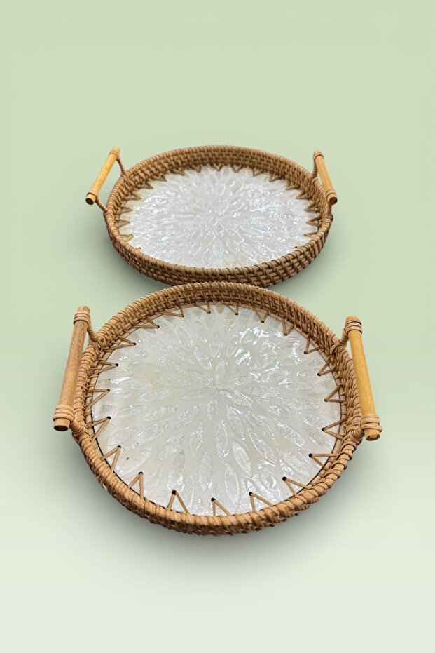 2-Piece Pearlescent Glass Rattan Tray Brown 27cm and 24cm