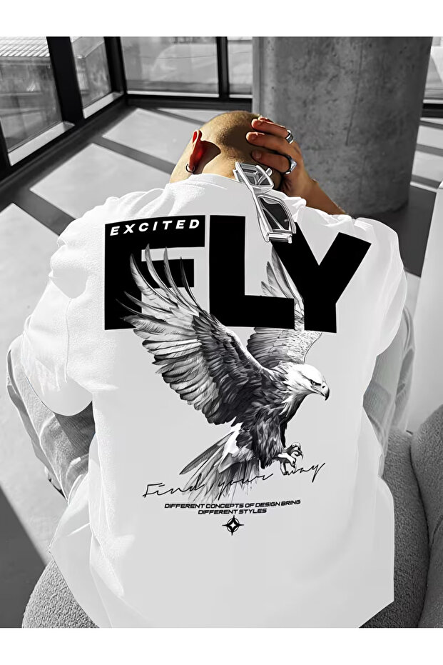 Unisex Sırt Kartal Printed Oversized Tshirt