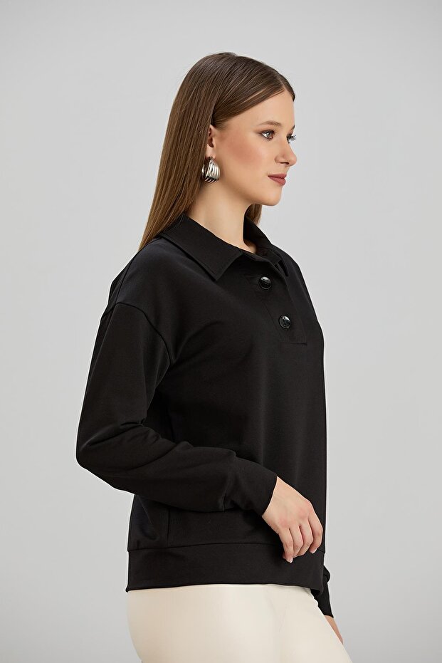 Two-Thread Black Sweatshirt with Wide Placket - 7