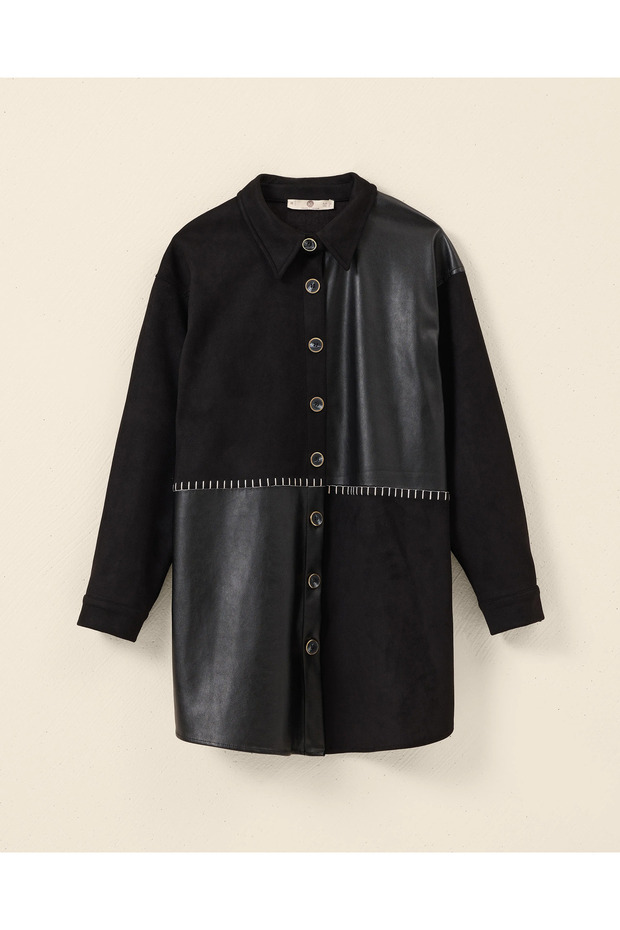 Çift Kumaşlı Düğmeli Gömlek - 5