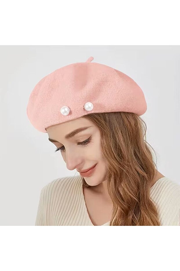 Women's Pearl Embroidered Pink Wool Beret