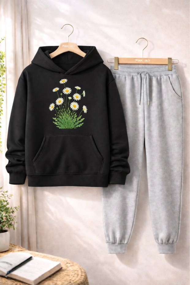 Unisex Papatya Printed Hooded Sweatshirt & Jogger Tracksuit Set