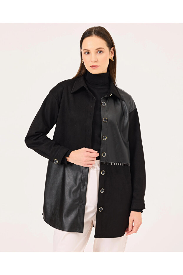 Çift Kumaşlı Düğmeli Gömlek - 2