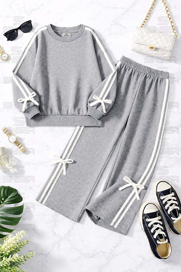 Girls' Tracksuit Set with Bow and Ribbon, Crew Neck, Plain Model