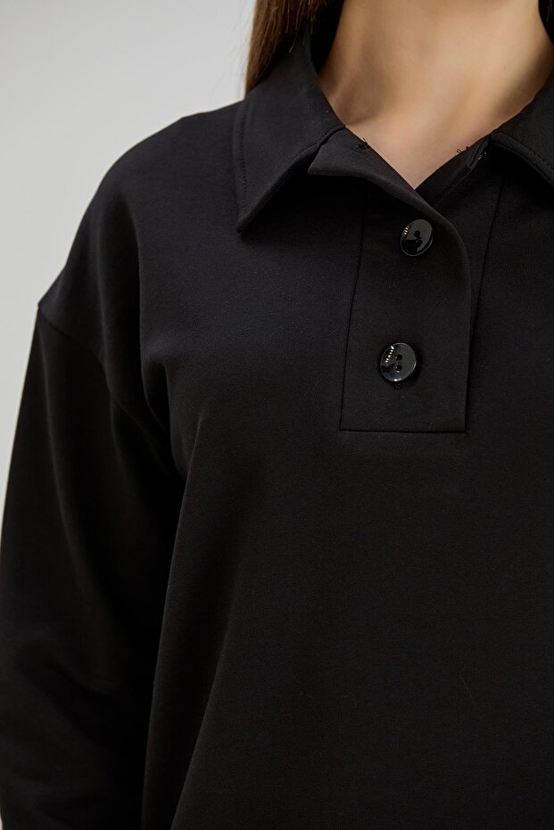 Two-Thread Black Sweatshirt with Wide Placket - 4