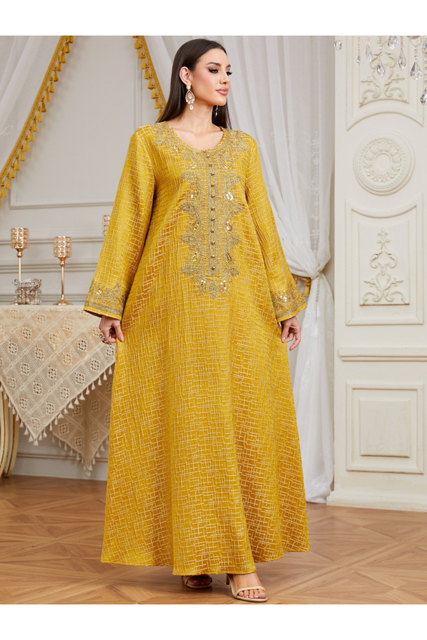 Women Texture Fabric Sequin Patch Detail Jalabiya