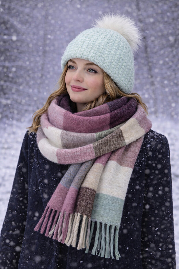 Winter Premium Beanie + Wide Boucle Shawl Set |   Soft, Warm, Trendy Double