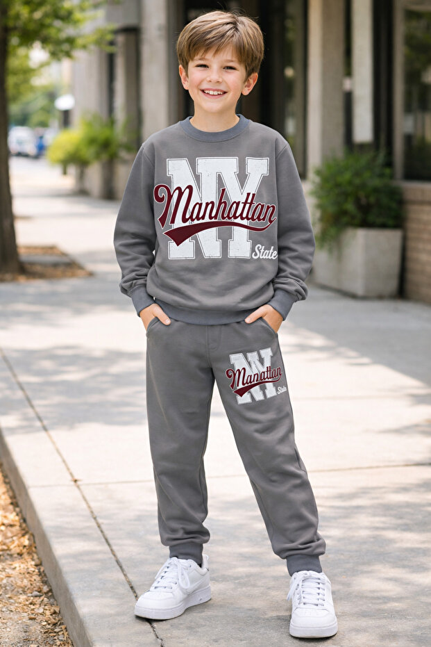 10-14 Years Old Boys' 100% Cotton Two Thread Sha Fleece-Lined Y Ba Printed Zun Sleeve Bottom-Top Set