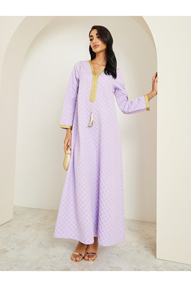 Women Purple Jacquard Jalabiya with Gold Trim