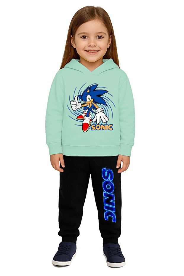 Sonic Printed Children's Tracksuit Set 3 Thread Ş Fleece-Lined Cotton Fabric Hooded