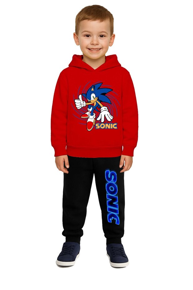 Sonic Printed Children's Tracksuit Set 3 Thread Ş Fleece-Lined Cotton Fabric Hooded