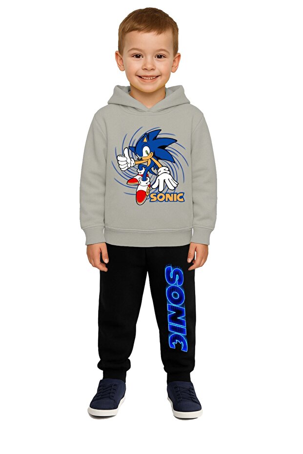 Sonic Printed Children's Tracksuit Set 3 Thread Ş Fleece-Lined Cotton Fabric Hooded