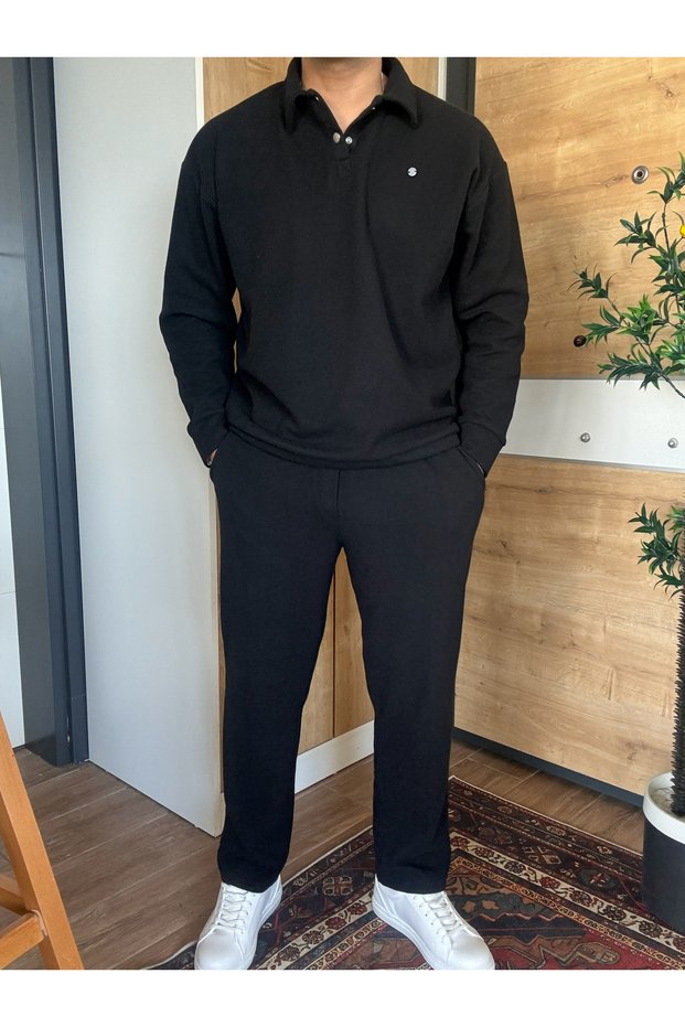 Men's Baggy Polo Neck Corded Fabric Sweatshirt Sweatpants Winter Bottom Top Set