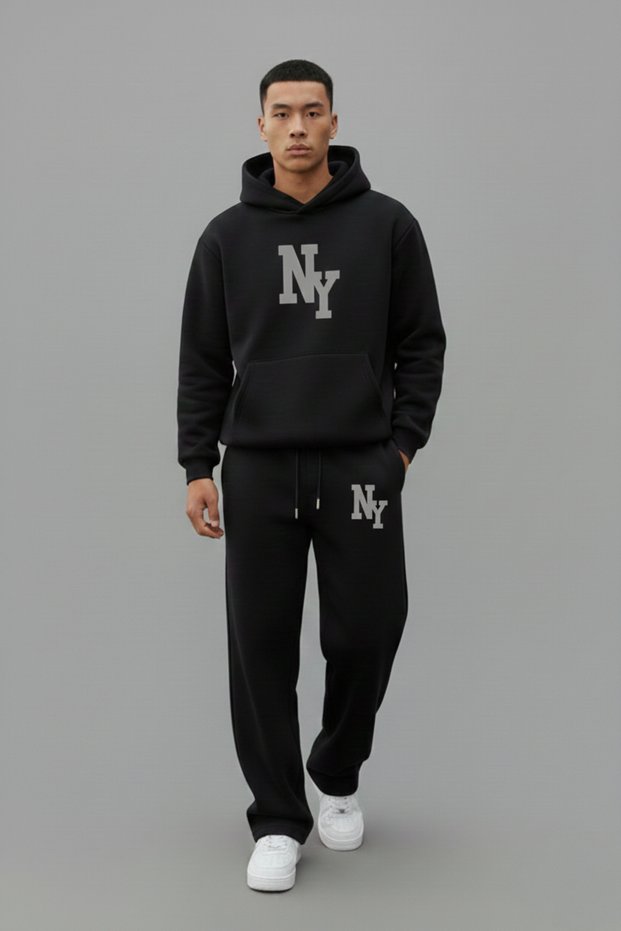 Unisex New York Print Detailed Baggy Tracksuit Set Hooded Sweatshirt