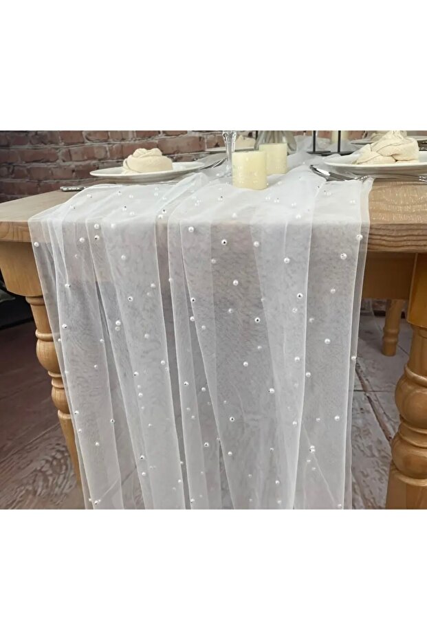 100X300 cm Pearl Embellished Tulle Table Runner - Promise Engagement Henna Table Cover - 3 Meter Waterfall Runner