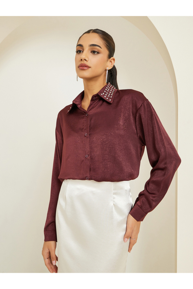 Women Burgundy Satin Embellished Collar Shirt