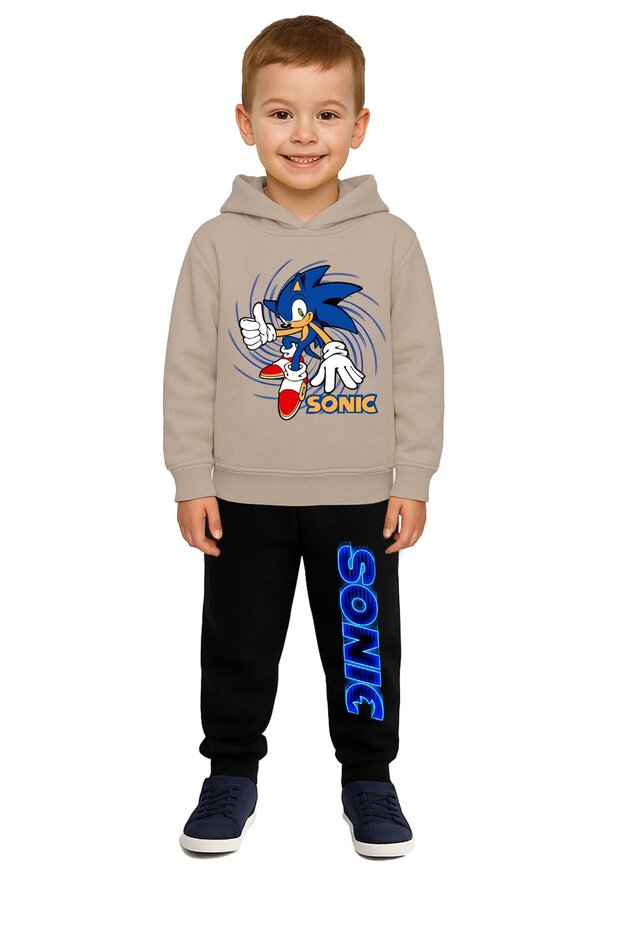 Sonic Printed Children's Tracksuit Set 3 Thread Ş Fleece-Lined Cotton Fabric Hooded