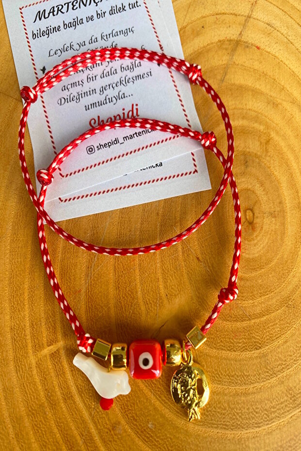 2-Piece White Bird Gold Pomegranate Red Evil Eye Beaded Marteniçka Lucky Bracelet