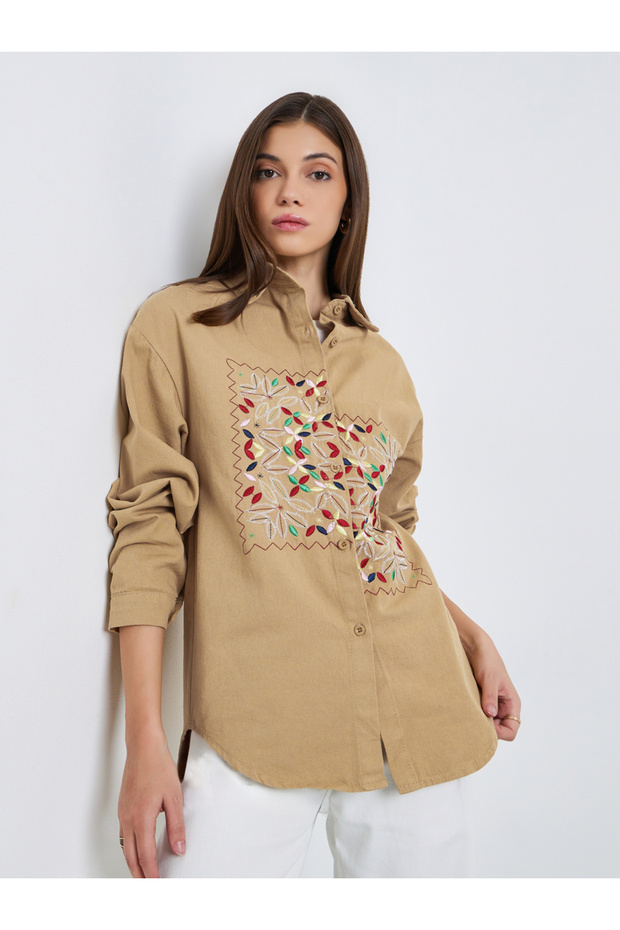 Women Khaki Embroidered Floral Long Sleeve Shirt