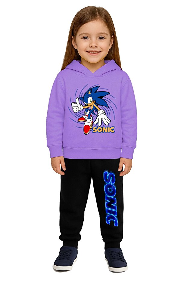 Sonic Printed Children's Tracksuit Set 3 Thread Ş Fleece-Lined Cotton Fabric Hooded