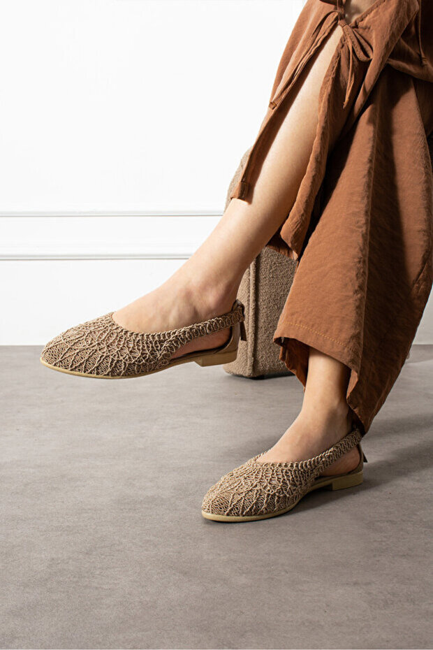 Women's Lace Detailed Backless Comfortable Knitted Embroidered Straw Ballet Flats