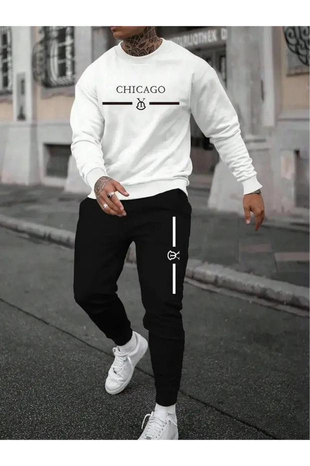 Chicago Letter Printed Crew Neck Top and Jogger Bottom Tracksuit Set
