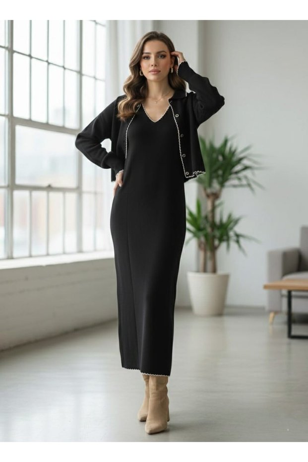 Women, Piped Detail Button Crop Cardigan/Zero Sleeve Dress Knitwear Set/Set New Season