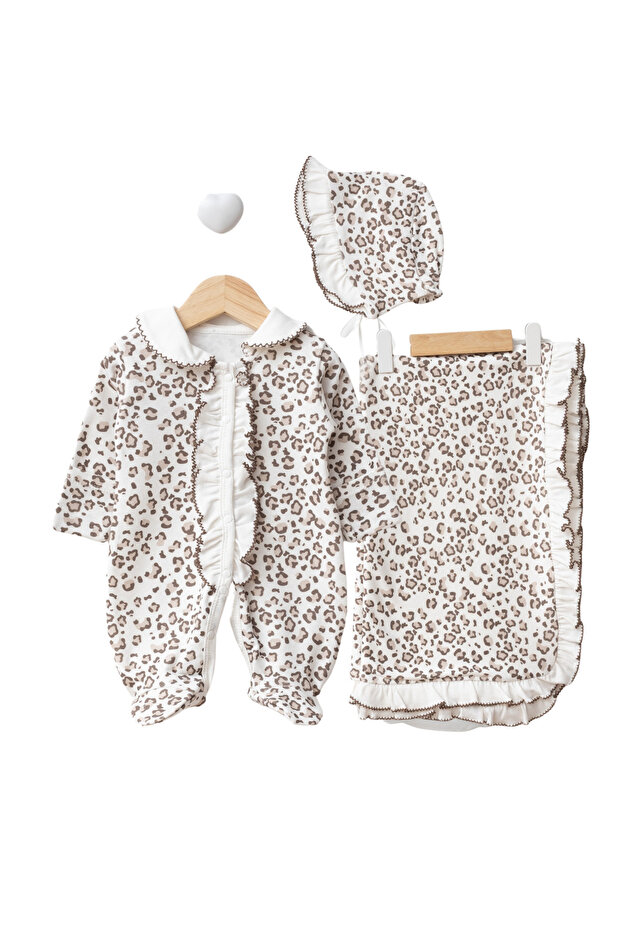 Leopard Print Ruffled Romper Blanket Hospital Discharge Self-Glove Set of 3 100% Cotton
