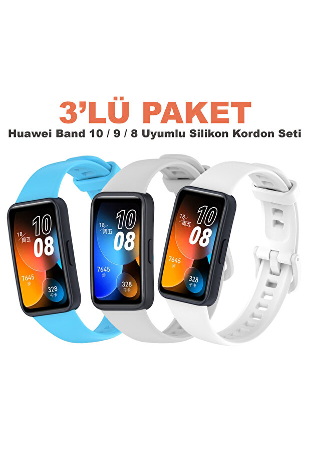 Huawei Band 10 / 9 / 8 Compatible 3-Pack Silicone Cord Set with Buckle - Soft Durable Sports Strap
