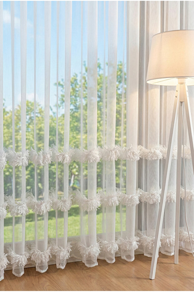 Bamboo Floor, Tulle Curtain with Skirt Tassels, Linen Look Natural Texture, 1 to 2.5 Regular Pleats, Ecru