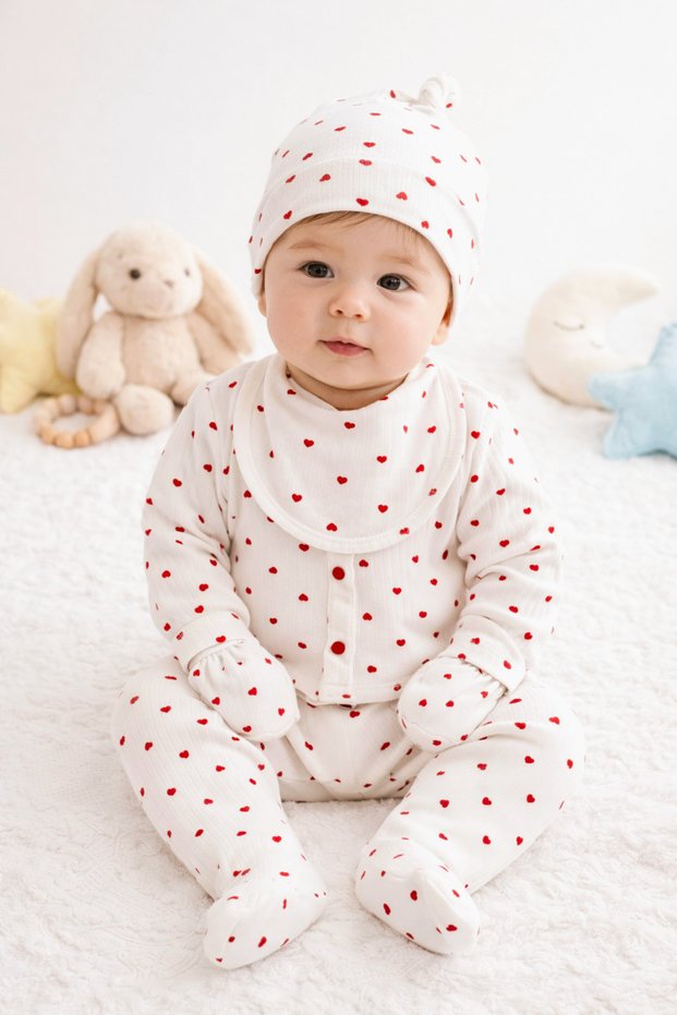 Newborn Baby Hospital Release Set of 5, 0–3 Months, Corded Fabric Cotton | Heart Patterned Baby Set (Gift)