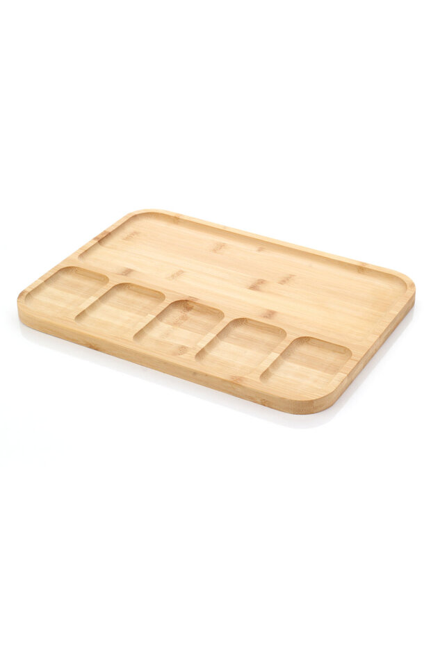 Bamboo Breakfast Plate — Multi-Compartment 5-Piece Natural Presentation and Serving Plate 33X24Cm