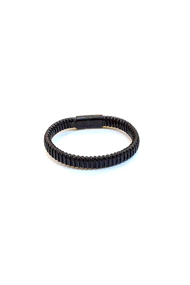 Obsidian Coil – Black Spiral Textured Genuine Leather Men's Bracelet-1445
