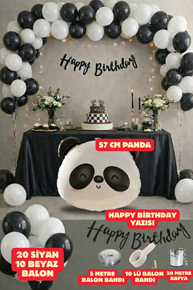 Panda Themed Birthday Set - Happy Birthday Text, Panda Foil Balloon Party Set