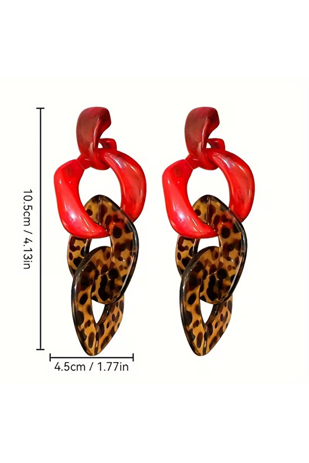 أقراط متدلية حمراء بنمط الفهد مرصعة بالراتنج - 6