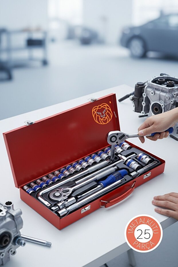 25 Piece Professional Heavy Duty Socket Set - 1/2 Inch Ratchet Handle and Steel Socket Set (with Bag) 722693