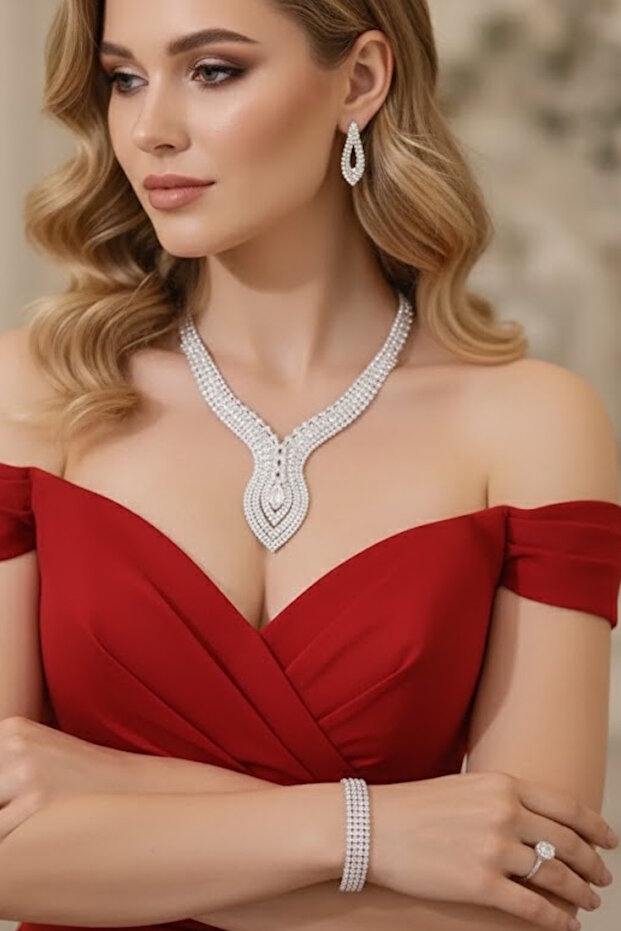 Silver Color Stone 4-Piece Evening Dress Set